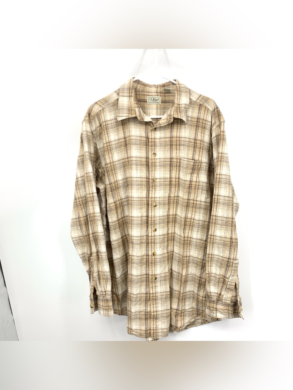 LL Bean Men Size Large Tall LT Shirt Brown Plaid Cotton Button Top Long Sleeve